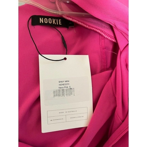 Nookie Dress Envy Mini Neon Pink Size S Deep Plunging Neck Rushed NEW - Picture 3 of 11